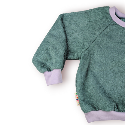 Sage Terry Towelling Jumper with Lilac Rib